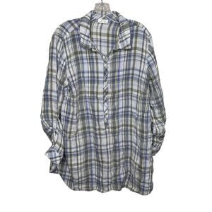 J.Jill Love Linen Plaid Button Front Shirt Women’s XL Tall 100% Linen Blue Green